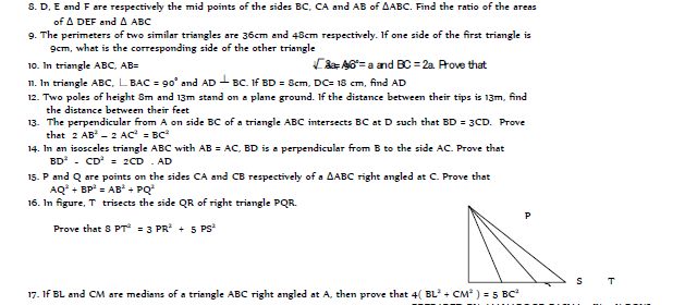 CBSE Class 10 Mathematics Triangles Worksheet Set F